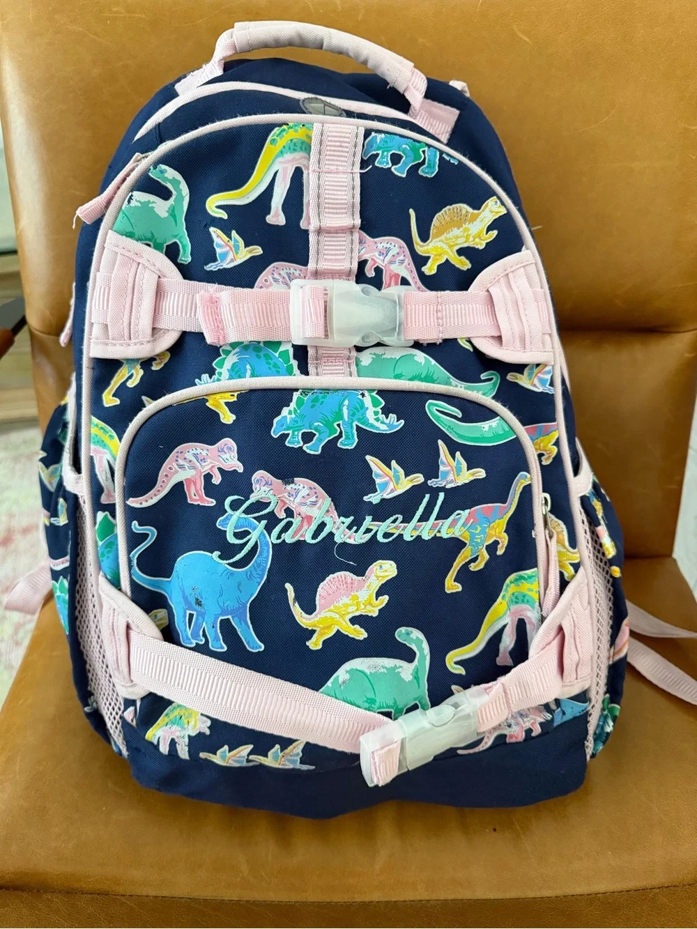 Pottery Barn Kids Large Mackenzie Backpack Pink Navy Glow Dinos Gabriella VGUC